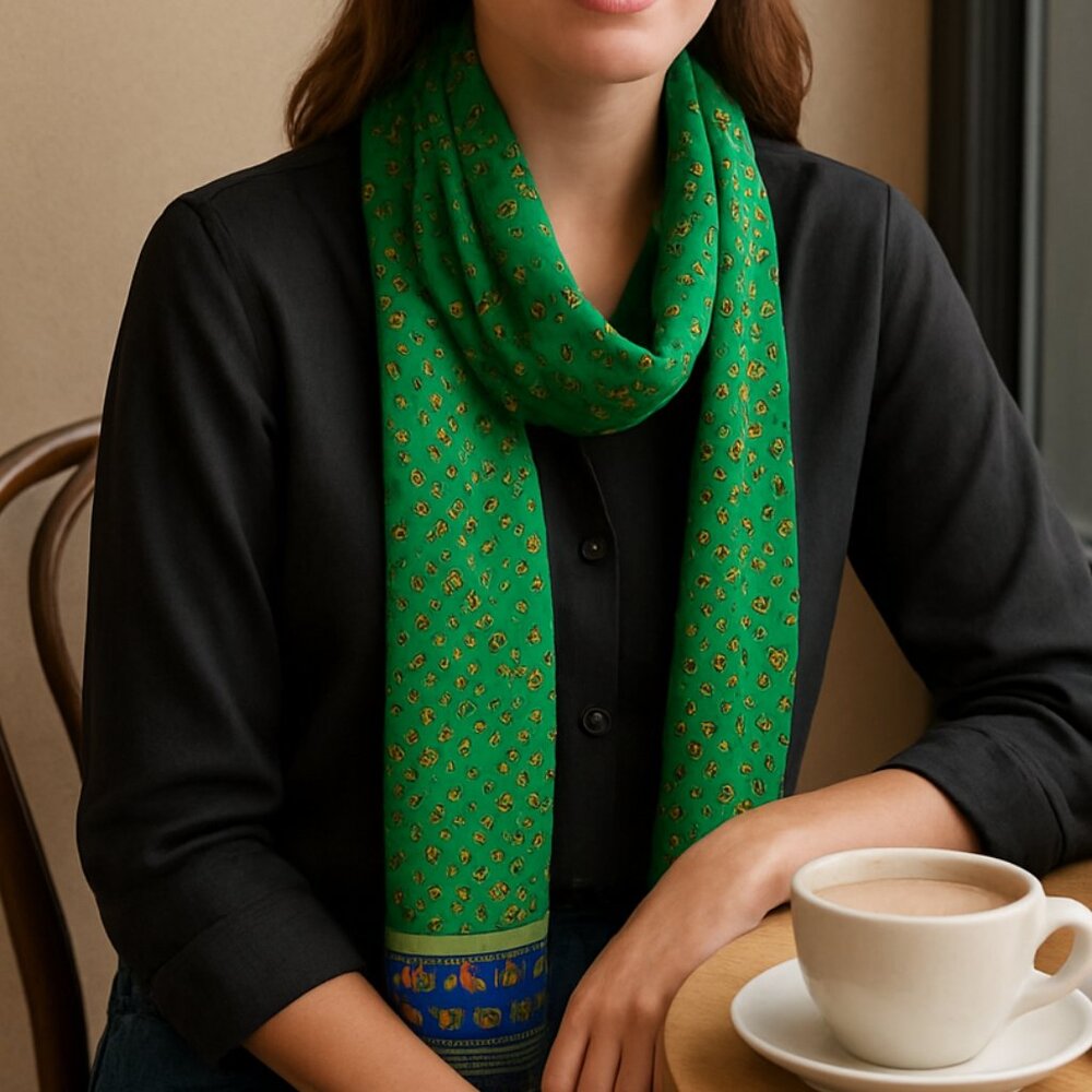 Vintage Hand Rolled Silk Long Scarf Kelly Green & Cobalt Blue Geometric Pattern